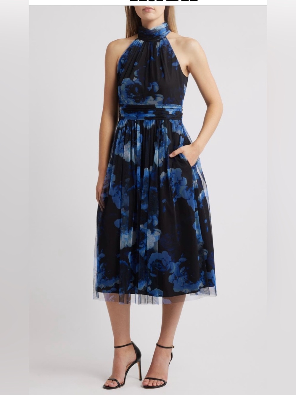 New Eliza J Black Dress with Blue Floral Halter Midi size 6